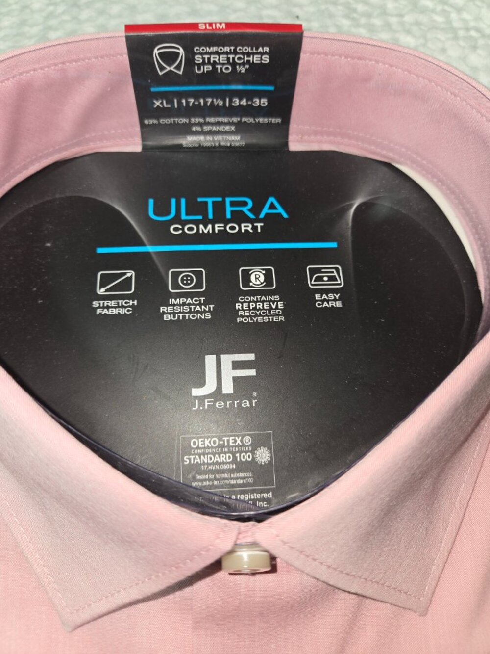 NWT J. Ferrar Ultra Comfort Rose Pink Slim Fit Dress Shirt XL 17-17½ 34/35 - Picture 3 of 5